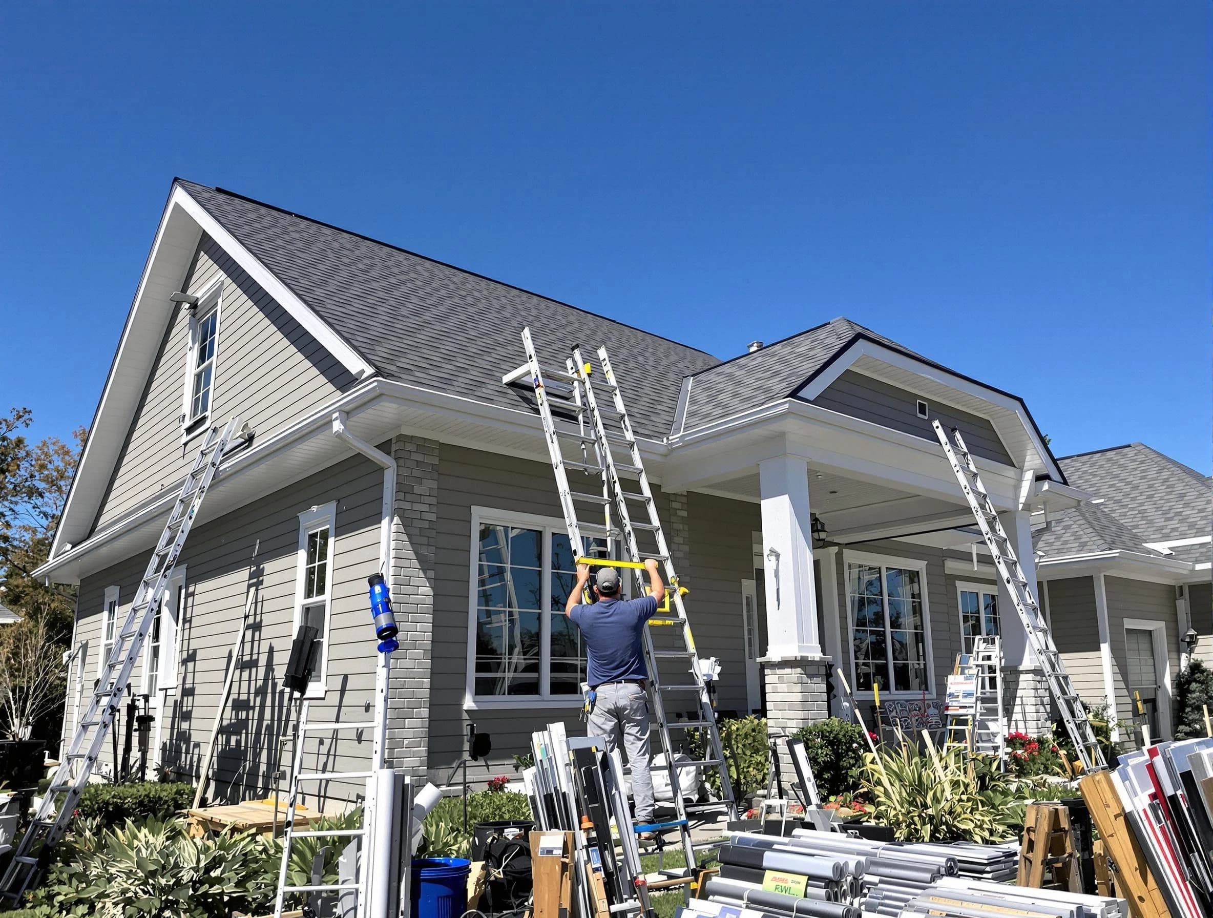 North Royalton Roofing Company fitting rain gutters at a home in North Royalton, OH