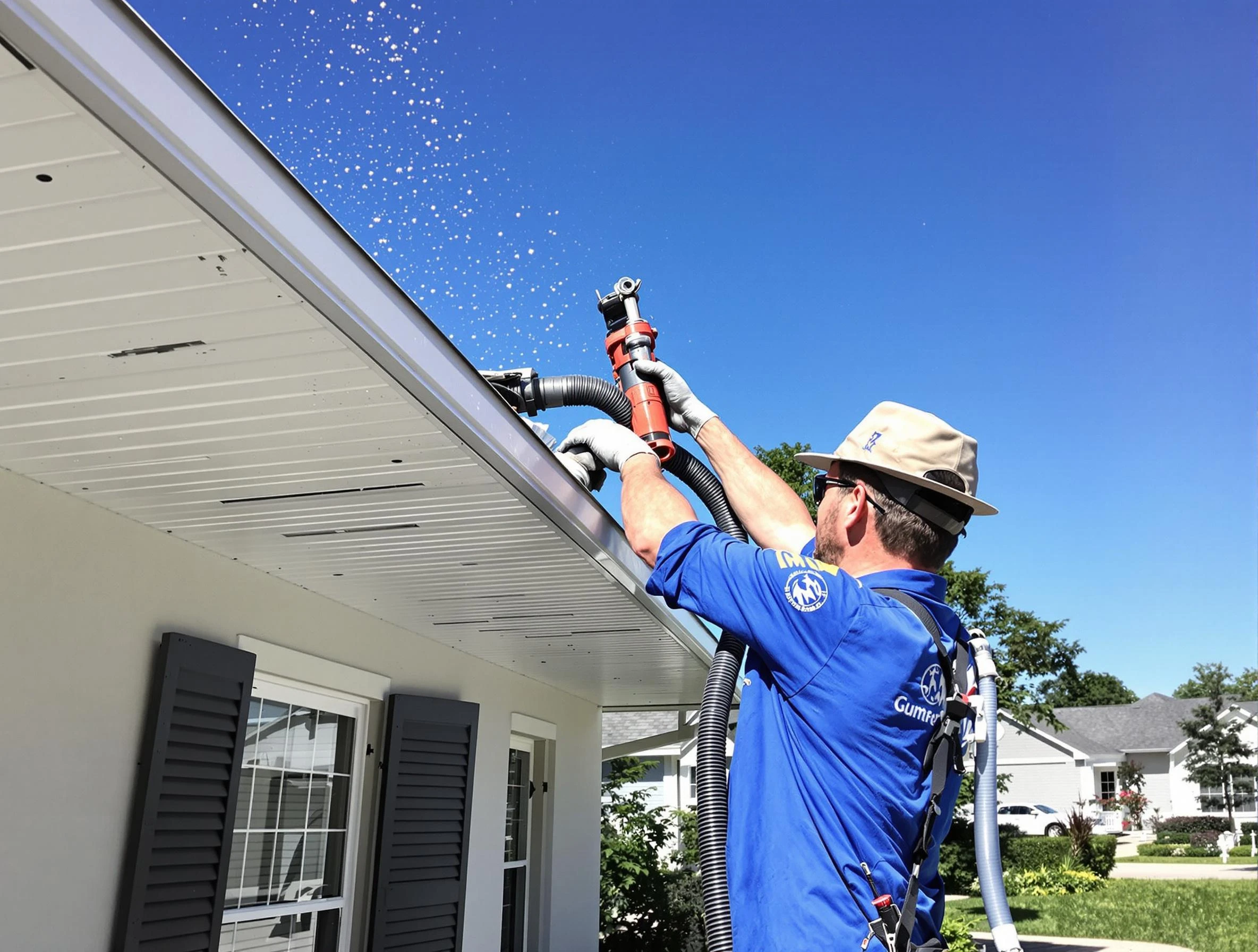 Technician completing a gutter cleaning project by North Royalton Roofing Company in North Royalton, OH